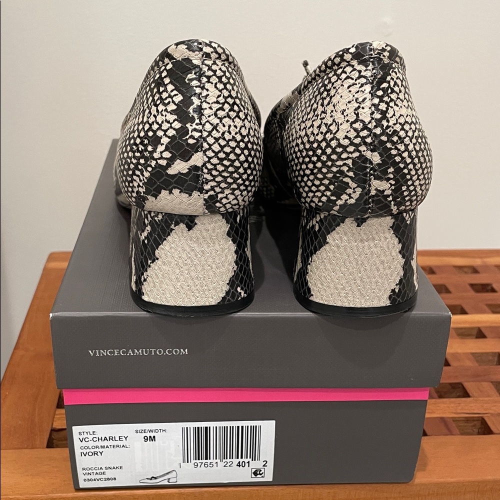 Vince Camuto Black and Cream Snake Print Heels